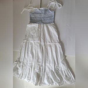 Lucky Brand White & Blue Sleeveless Tiered Boho Linen Blend Smocked Maxi Dress